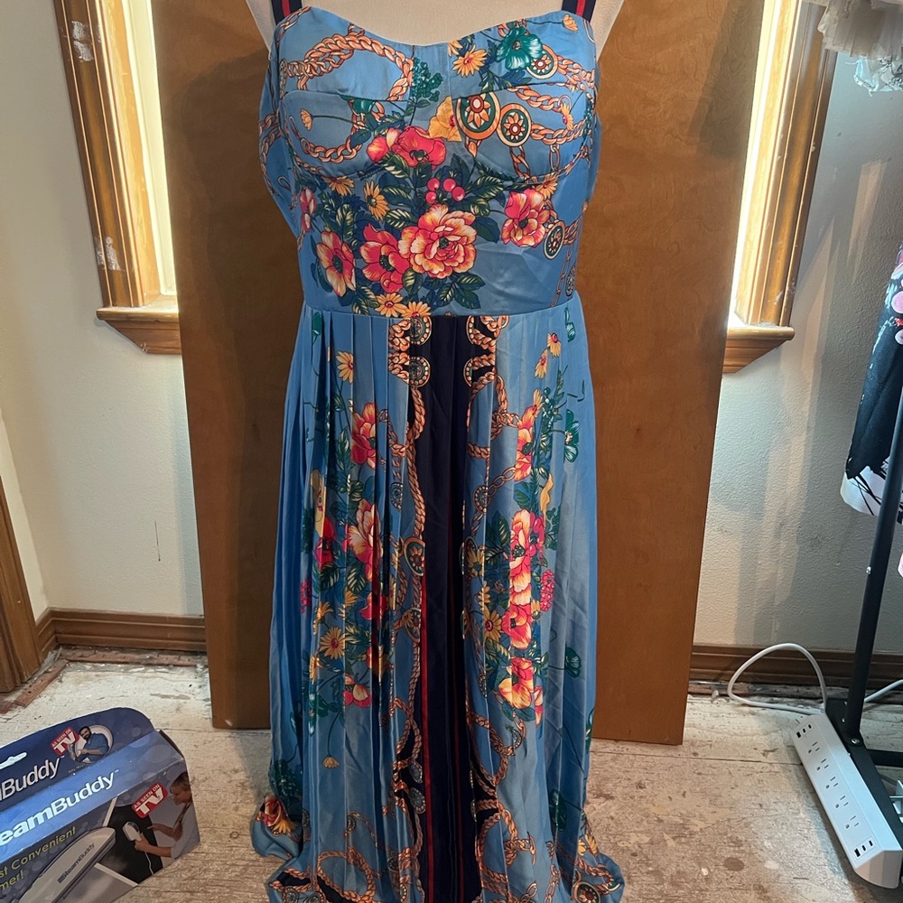 Sky Blue Floral Maxi Dress with Braided Strap Accent - Picture 4 of 5